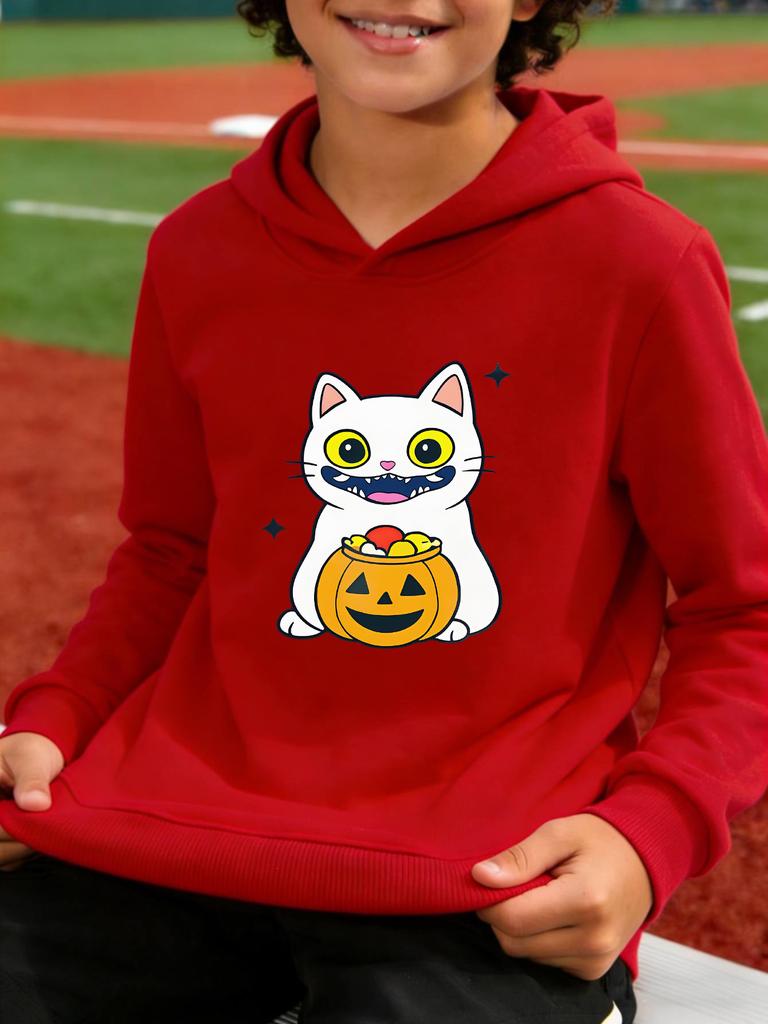 Neues Trendiges Kapuzensweatshirt für Jungen und Mädchen – Funky Cartoon-Katze umarmt Kürbis-Print – Perfekt für Halloween-Cosplay