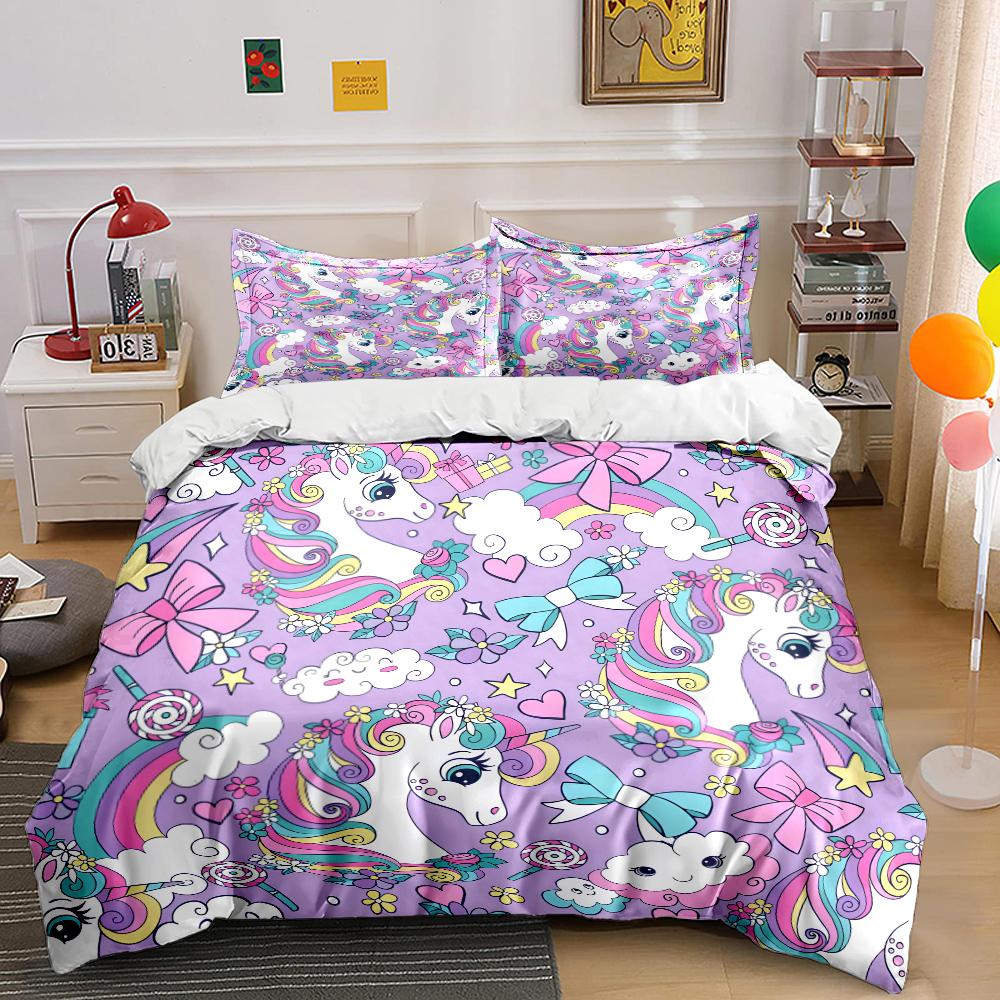 3pcs Dreamy Unicorn and Pink Bow Print Bedding Set 1 Duvet Cover 2 Pillowcases for Adult and Children Luxury Gift Full Size
