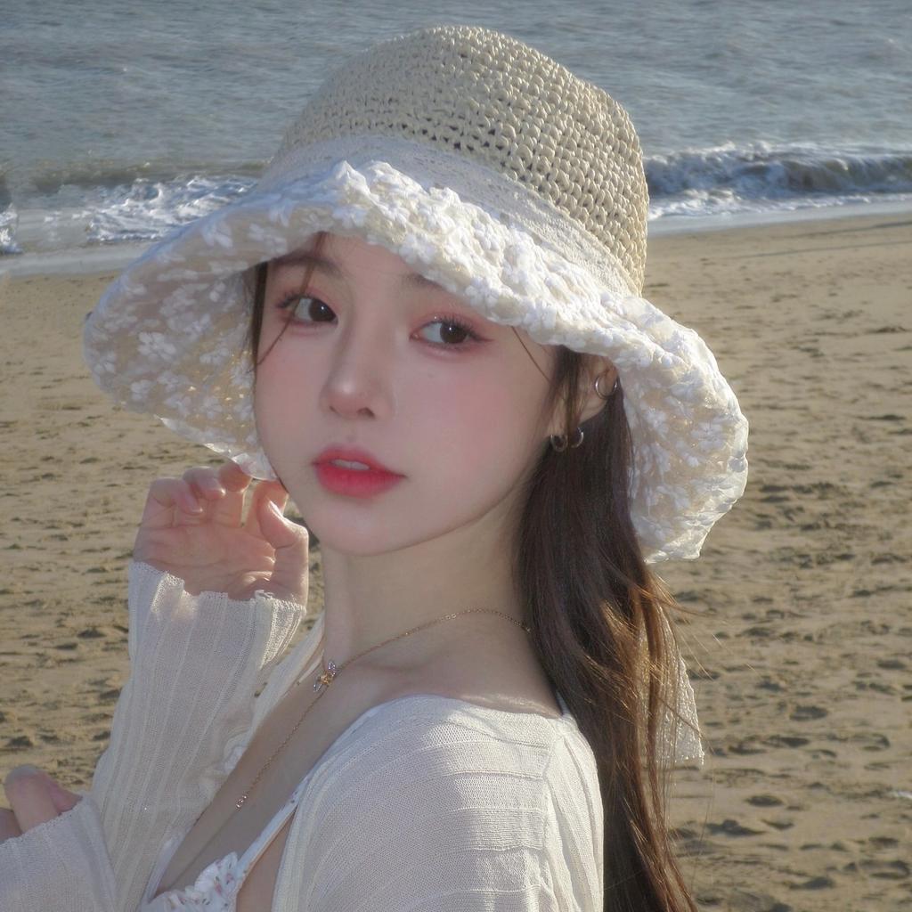 Lace Flower Big Straw Hat Seaside Beach Ladies Bucket Hat Sun Protection UV Shading Lace New Summer