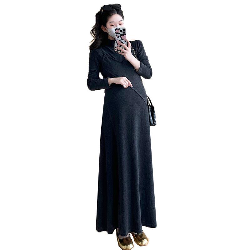 

Floral Black High Neck Knit Maternity Dress - Faux Two-Piece, Skin-Friendly for Autumn/Winter L чёрный/цветочный