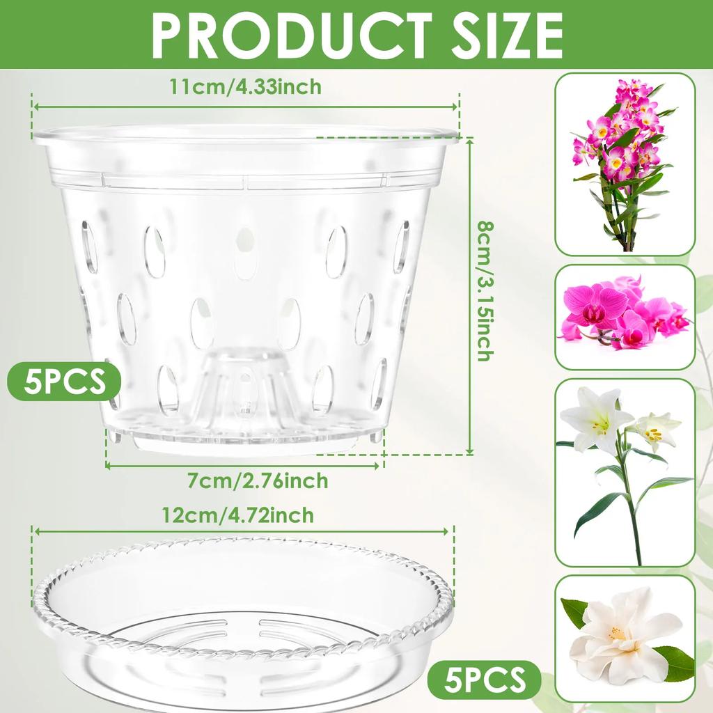 5Pcs Plastic Orchid Pot 4/5/6inch Transparent Slotted Orchid Pots with Holes and Saucers Breathable Flower Plant Pot for Nursery