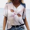 Summer V-neck 3D Cute Animal Cat Printed Top Fashionable Casual Short Sleeved Women's T-shirts