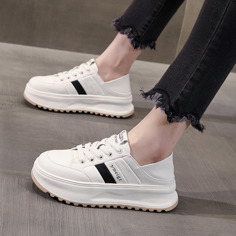 

Белые кроссовки из натуральной кожи с круглым носком - Универсальная толстая подошва, плоская подошва, спортивно-повседневная женская обувь для скейтборда, два способа носки Size 36 чёрный