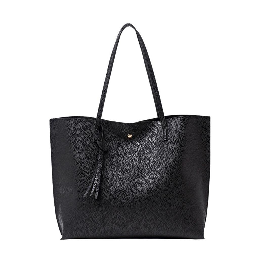 Women Tote Bag Large Capacity Black Simple Trendy PU Handbag Practical Tote Shoulder Bag Black Free Size