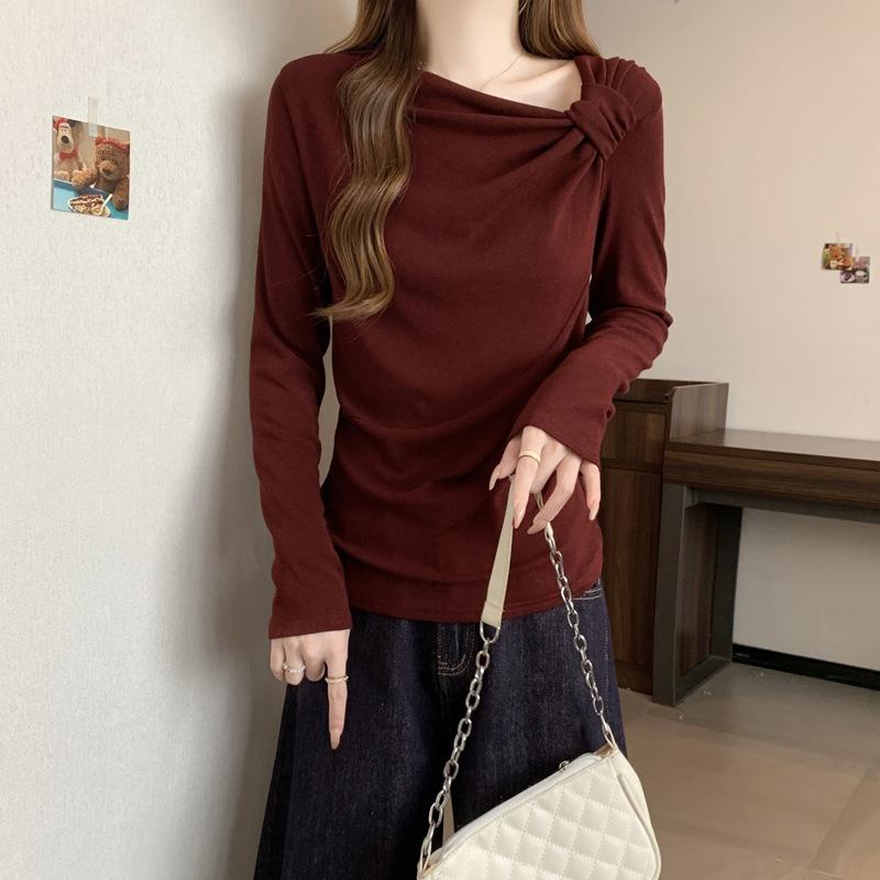 Autumn and Winter Fleece Polished Warm Bottoming Shirt Women's Inner Slim-fitting Diagonal Collar Pleated Design Long-sleeved T-shirt Tide