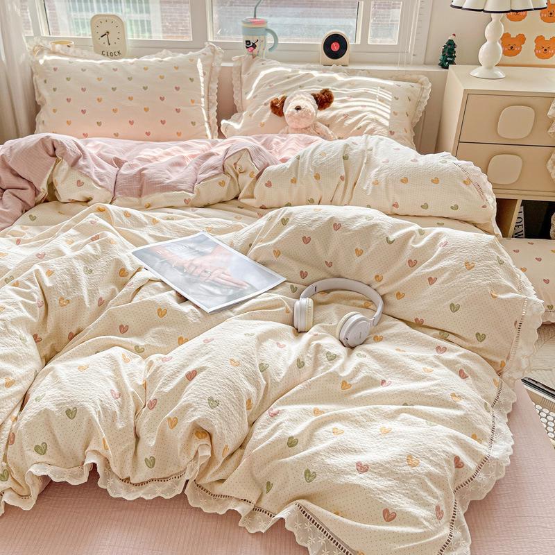 G5Z25 Cloud-Feel 4-Piece Double-Layer Gauze Lace Bedding Set - Washed Cotton Duvet Cover and Bed Sheet, Ins Style.