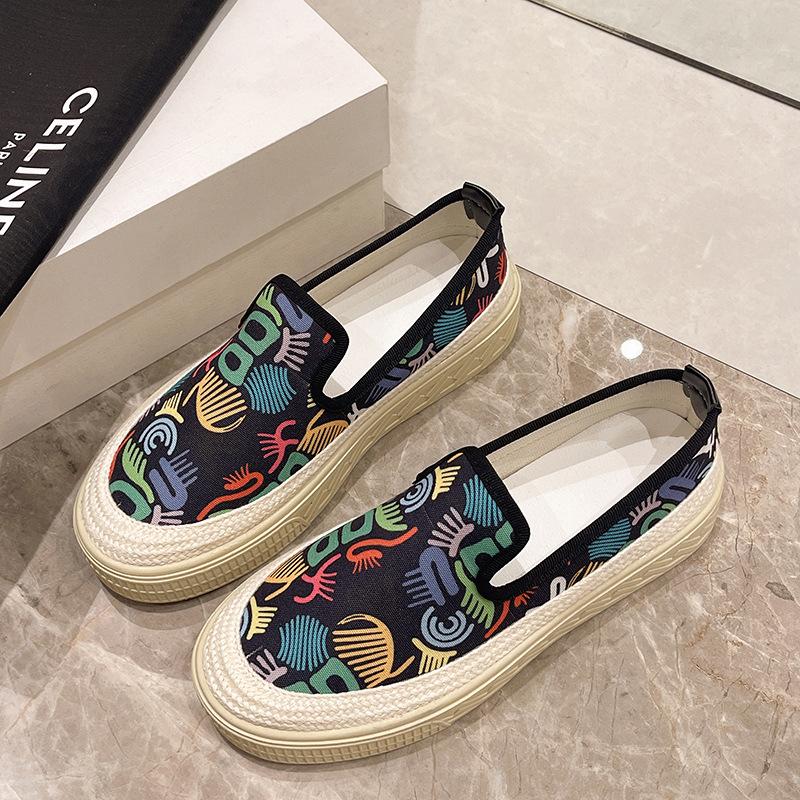 Platform Printing Canvas Shoes Women Autumn Shallow Slip On Flat Casual Shoes Outdoor Walking Running Sneakers Ladies Loafers