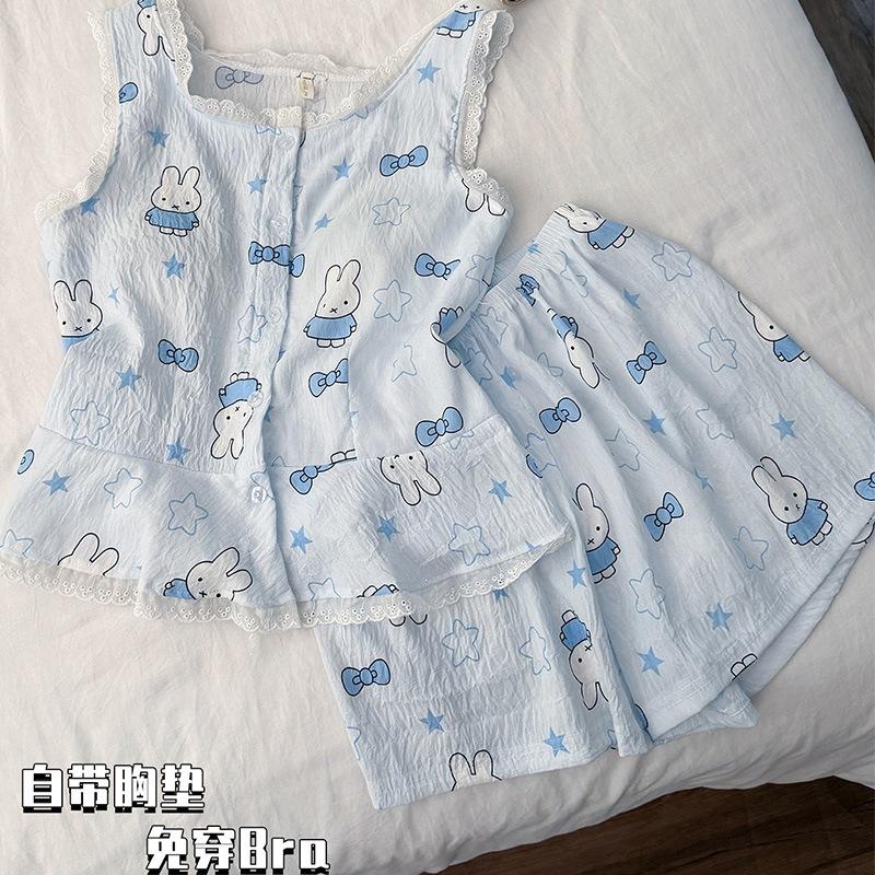 With Chest Pad Vest Shorts Pajamas Women's 1011 New Summer Cloud Cotton Sweet Cartoon Lace Loungewear Set