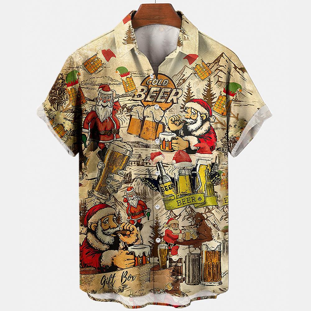 Hawaiian Beach Harajuku Shirts For Men 3D Print Beer Short Sleeve Tees Summer Vacation Style Single-Breasted Tops Lapel