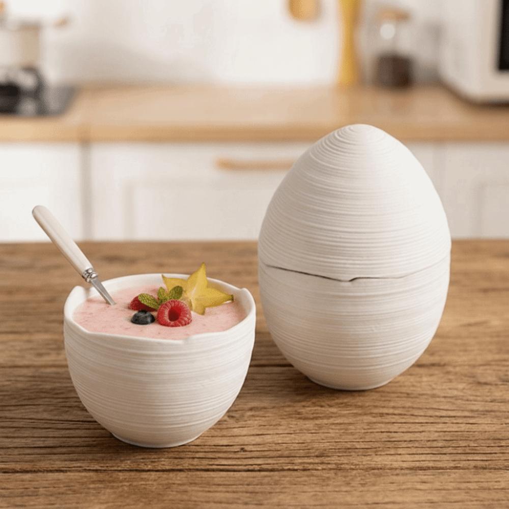 Ciotola da Dessert in Ceramica a Forma di Uovo Resistente al Calore con Coperchio Ciotola per Cucina Molecolare Ristorante
