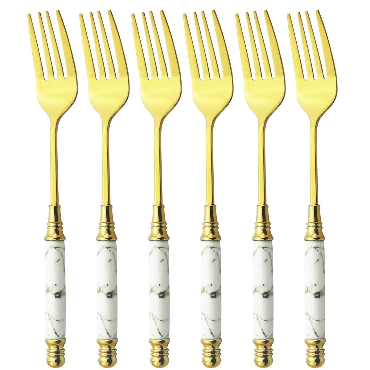 

6 шт. столовые приборы, мраморный керамический набор столовых приборов, ужин, десерт, фруктовый торт, вилка, посуда, набор посуды из нержавеющей стали dinner fork белый/золотой