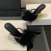 Eilyken Fashion Designer Open Toe Fuax Fur Crystal Womens Slippers Fretwork High Heels Party Dress Slide Shoes