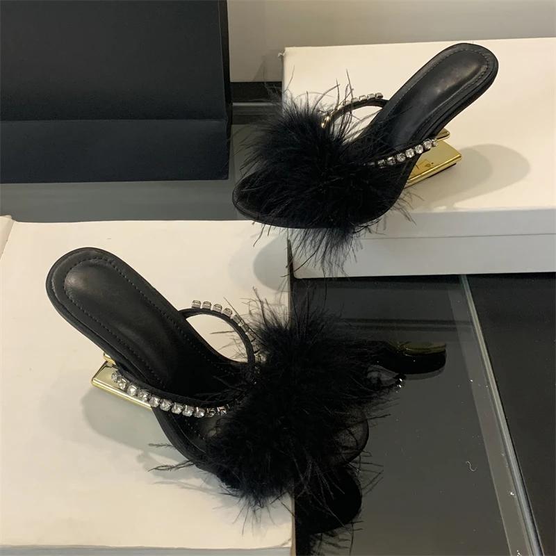 Eilyken Fashion Designer Open Toe Fuax Fur Crystal Womens Slippers Fretwork High Heels Party Dress Slide Shoes