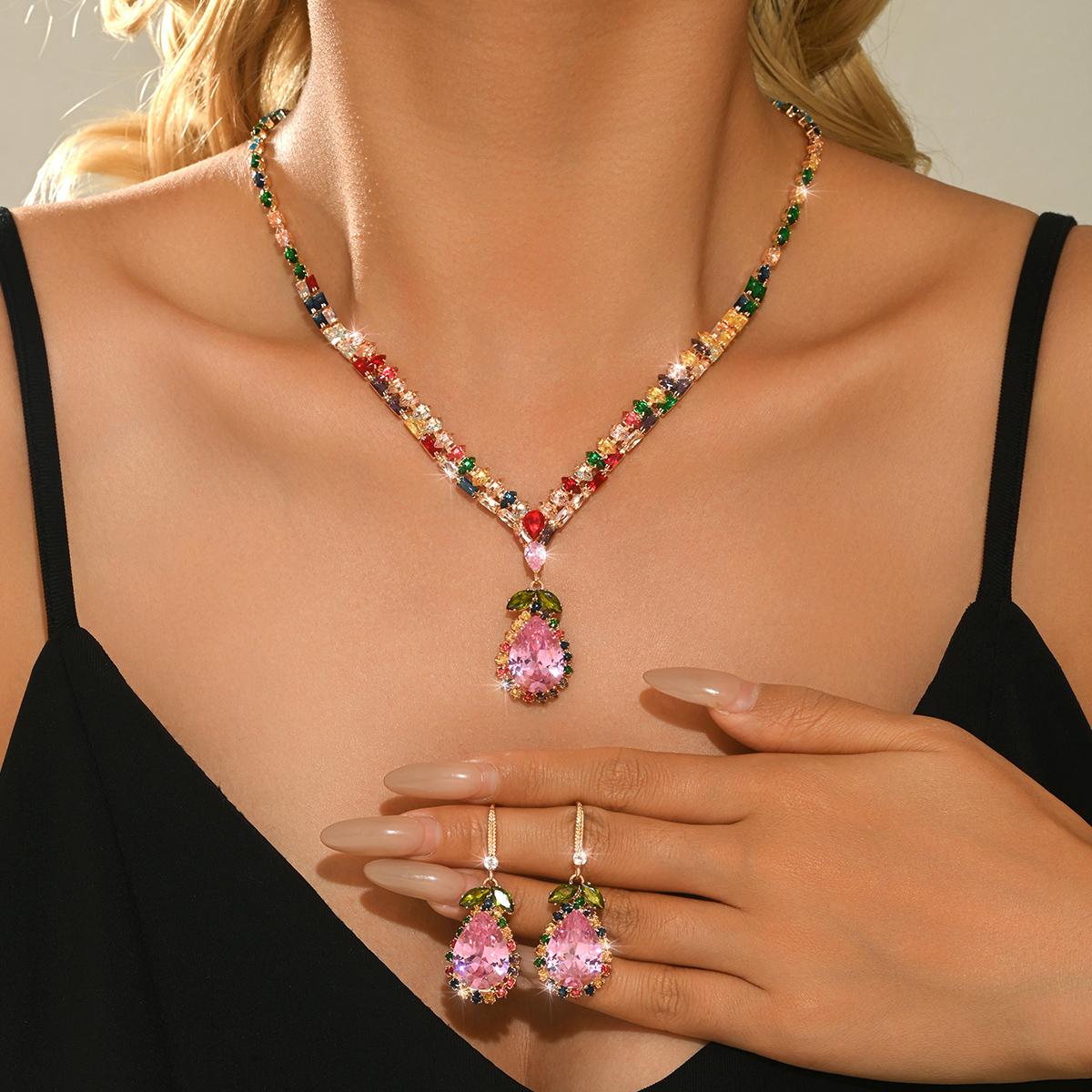 Two piece retro light luxury zircon water drop ear hook necklace European and American jewelry set for women