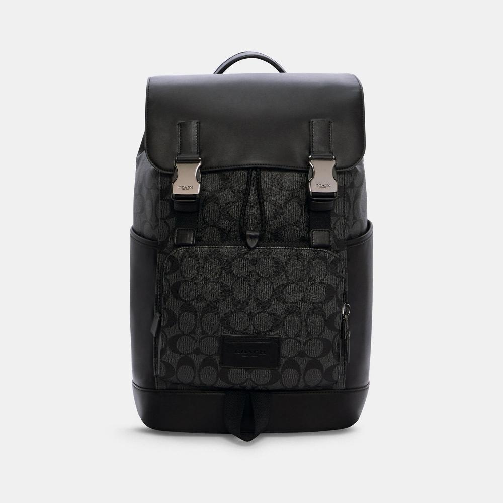 

Рюкзак Coach Track из канвы Signature темно-серого цвета с эффектом бронзы