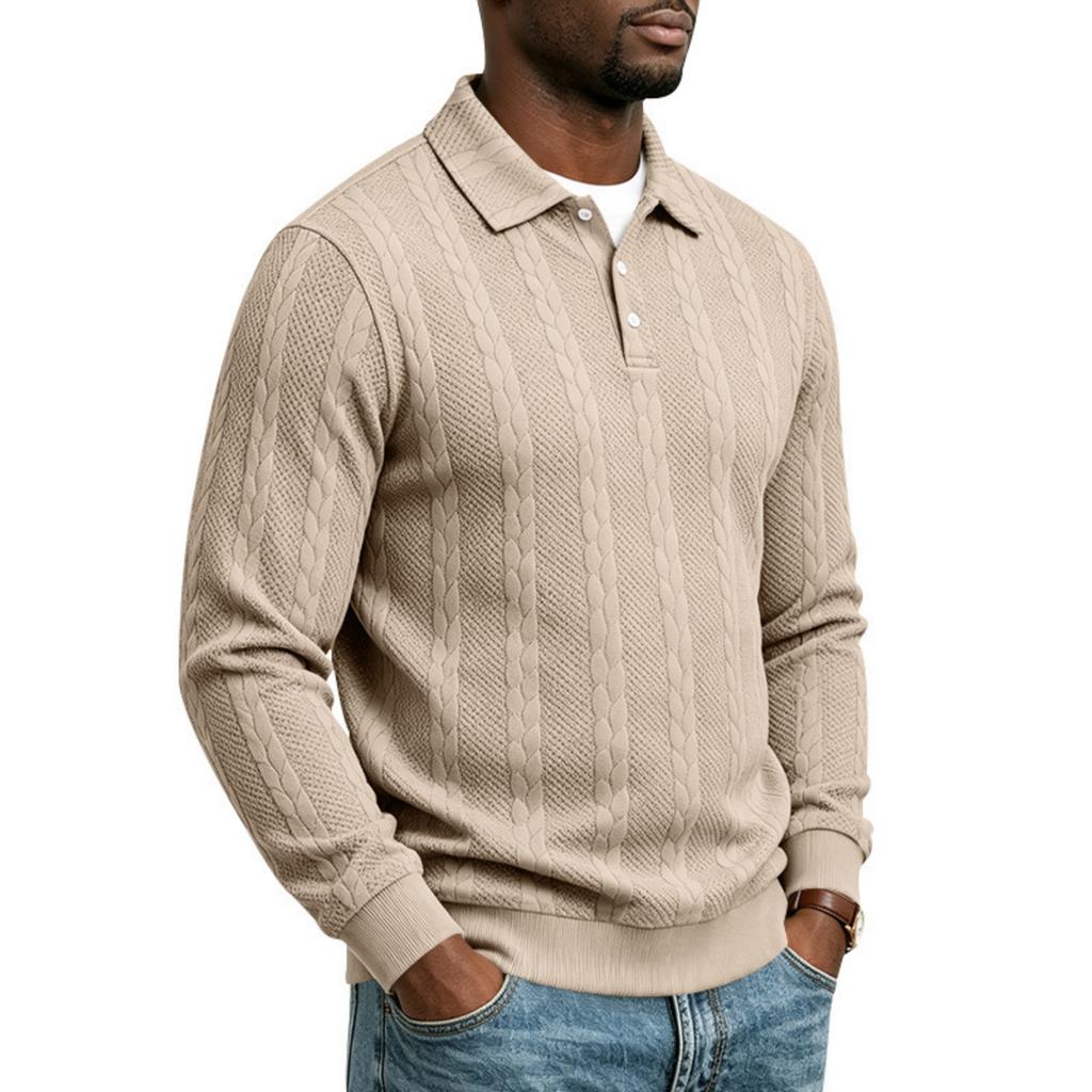 Men's Casual Cable Knit Long Sleeve Sweatshirt with 3-Button Collar
