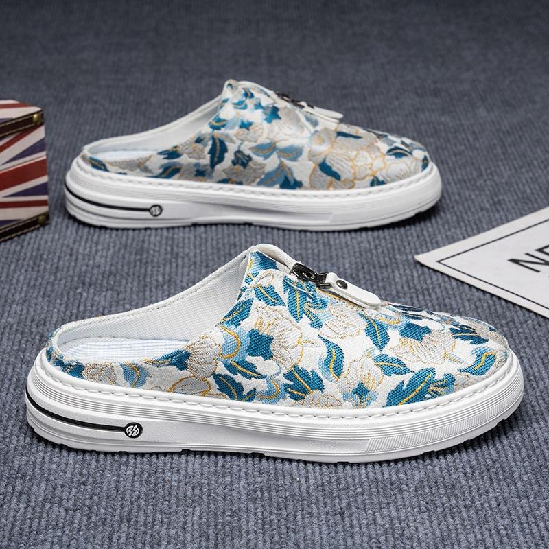 Trendy Canvas Half Slippers Mens  Summer New Comfortable Breathable Casual Shoes Fashionable One-Pedal Cloth Shoes Men