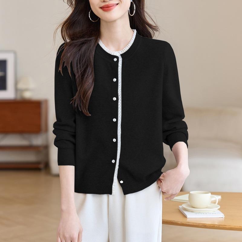 Autumn New Women's Gray Sweater Cardigan Jacket Temperament Lace Edge Knitted Sweater Top