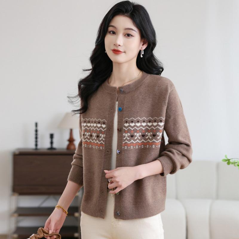 

Осень и зима новый свободный мягкий восковой удобный повседневный женский свитер ретро контрастный цвет жаккардовый вязаный кардиган женский M хаки