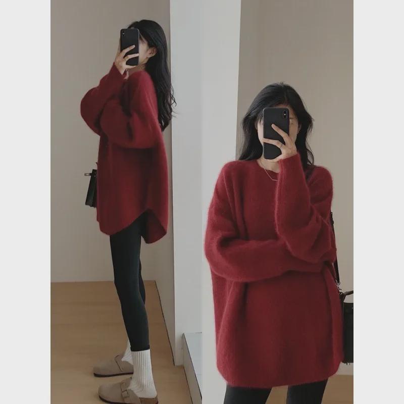 Women's Mid-Length Retro Japanese-Style Knitted Pullover Sweater for Autumn and Winter