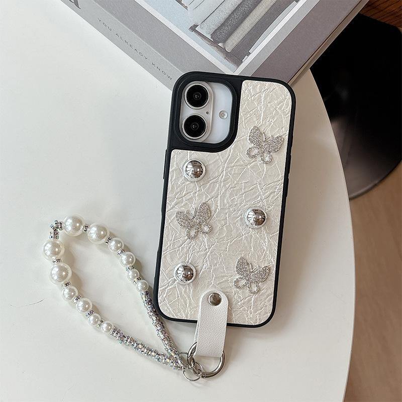 Silver Bead Bow for IPhone 16 Mobile Phone Case 14 Protective Cover for IPhone 17 Promax Pearl Bracelet 15