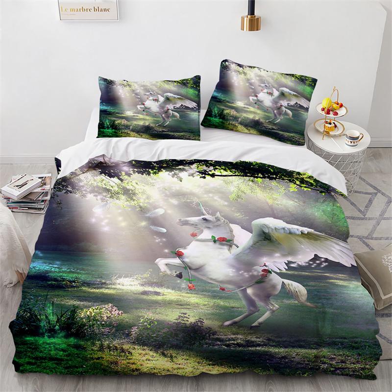 Cute Unicorn Duvet Cover Microfiber Forest White Unicorn Horse Comforter Cover Flying Horse Bedding Set King Full For Girls Teen