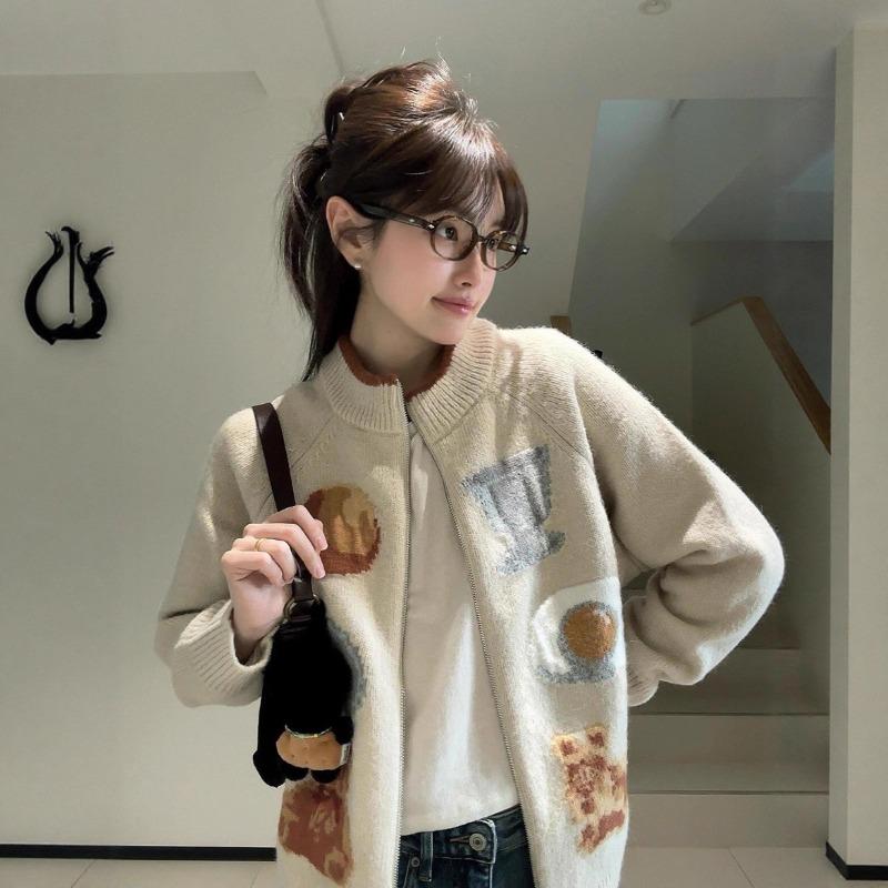 College Style Knitted Cardigan Women s Autumn and Winter Sweater Coat Korean Style Zipper Jacquard Loose Lazy Style Top Onesize белый