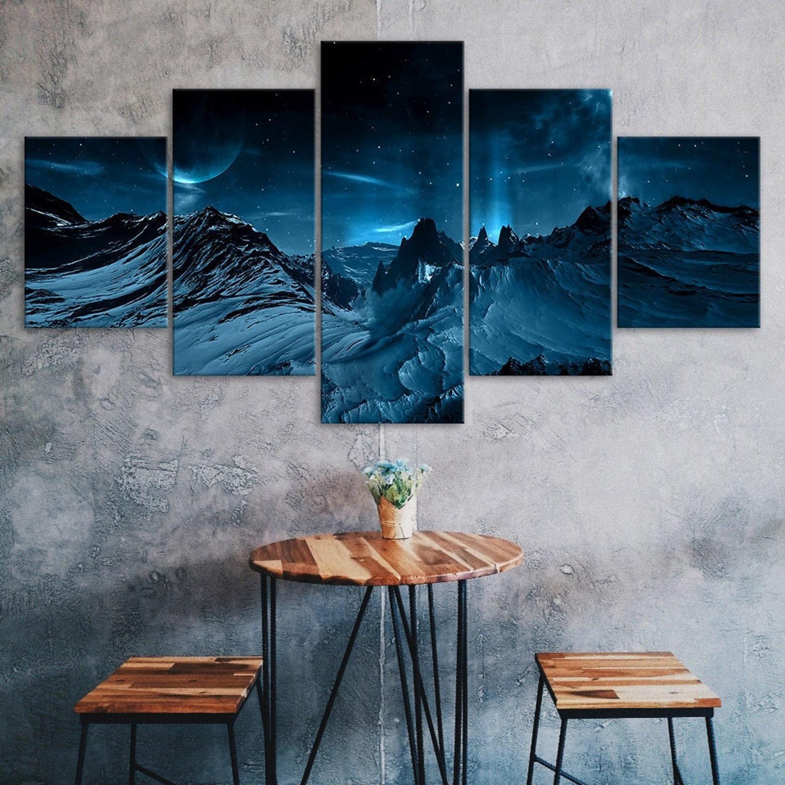 

Aurora Borealis Snow Mountains 5 Piece Five Panel Wall Canvas Print Modern Art Poster Picture Home Decor Gift For Him Her 20X35 20X45 20X55CM