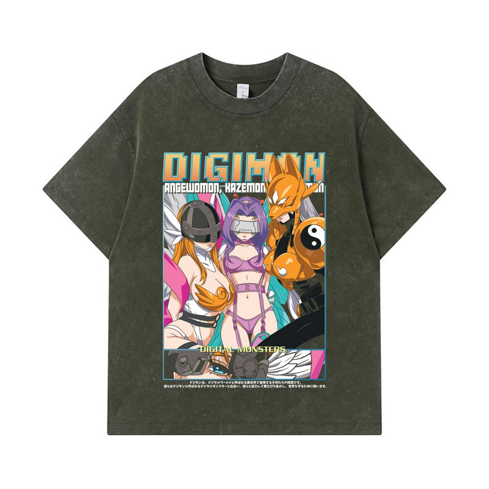 275 GSM Washed T-shirts 100% Cotton Digimon V6 Waifus Print Unisex Heavy Cotton T Shirt