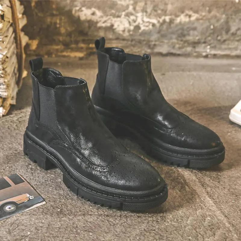 

Мужские ботинки мартин на высокой подошве, зимние короткие ботинки, мужские матовые ботинки челси из британской кожи, мужская кожаная обувь без шнурков 44