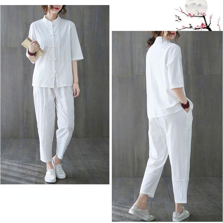 Summer Comfortable Women's Cotton-Linen Two Pieces Suit Sets Classic
