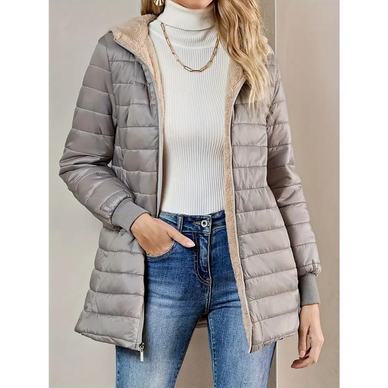 2025 Winter Women's Mid-Length Quilted Parka, Hooded Fleece Lined Loose Fit Thermal Jacket with Zipper, Warm Padded Casual Coat for Cold Weather
