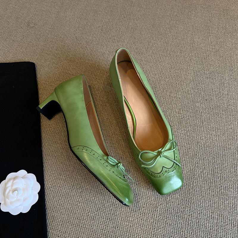 Pink single shoes women's gentle wind bow light mouth one pedal with skirt thick heel high heels