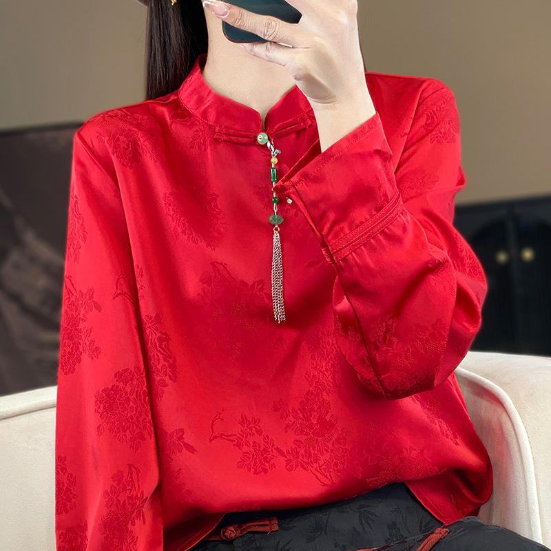 Silk Satin 2026 Spring/Summer Women's Floral Stand Collar Long Sleeve Top