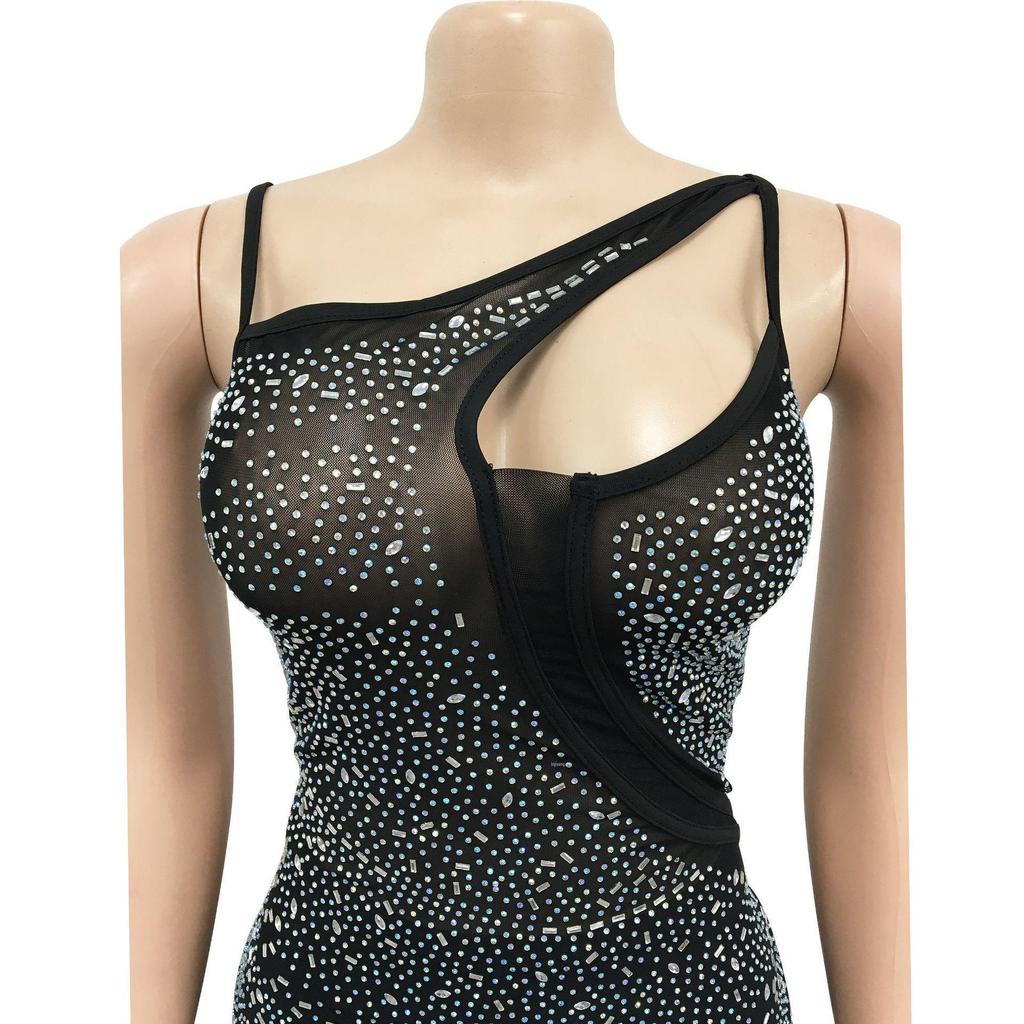 C6075 Women's Fashion Mesh Sleeveless V-Neck Long Dress with Hot Drill Detailing