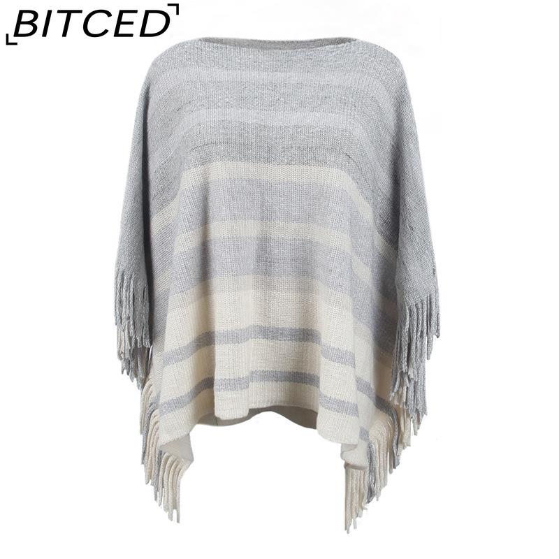 BITCED Off-Shoulder Fringe Shawl Women's Autumn Color-Block Striped Cape Coat
