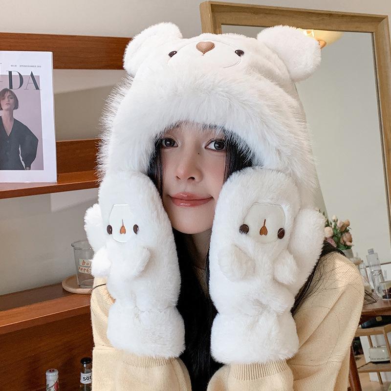 New Winter Cute Cartoon Bear Thickened Gloves Riding Student Ear Protection Plush Hat for Women Warmth Lei Feng Hat