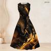 Women Plus Size Two Piece Set Sleeveless Round Neck Tie Waist Printed Flared Dress 3 4 Sleeve Open Front Cardigan
