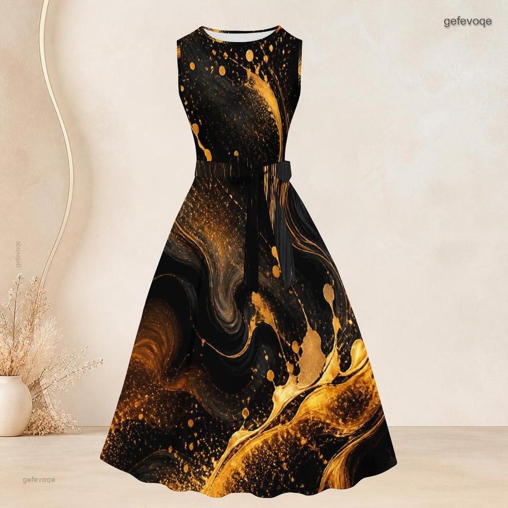 Women Plus Size Two Piece Set Sleeveless Round Neck Tie Waist Printed Flared Dress 3 4 Sleeve Open Front Cardigan