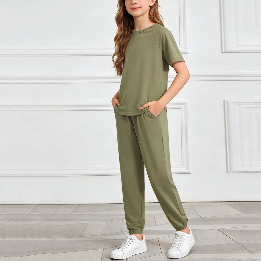 Girls Two Piece Set Short Sleeve Top and Harem Pants Lightweight Soft Fabric Casual Outfit for Spring Summer