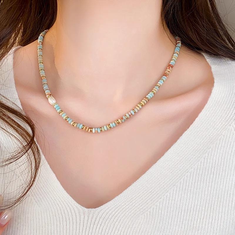 Shoushan Stone Freshwater Pearl Necklace, Snake Skin Stone Abacus Bead Patterned Mosaic Bracelet, Artistic Retro Collar Chain