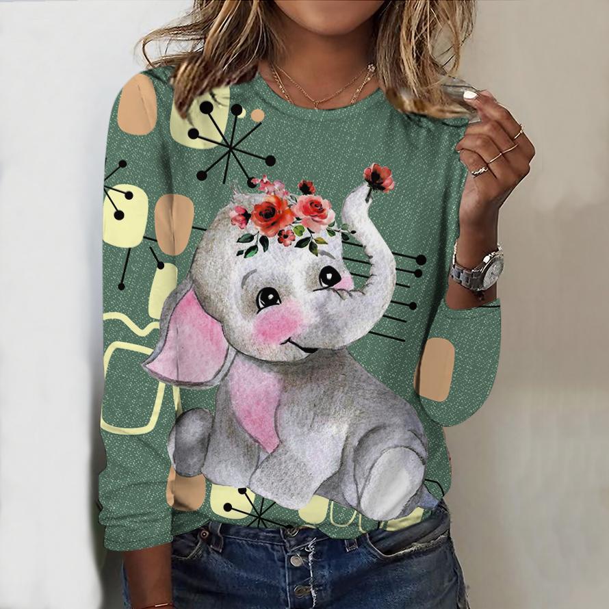 

Топы на весну и осень с принтом колибри, слона и павлина, круглый вырез, длинный рукав, футболка, осенний повседневный тонкий пуловер, женский топ с длинным рукавом 2XL зелёный