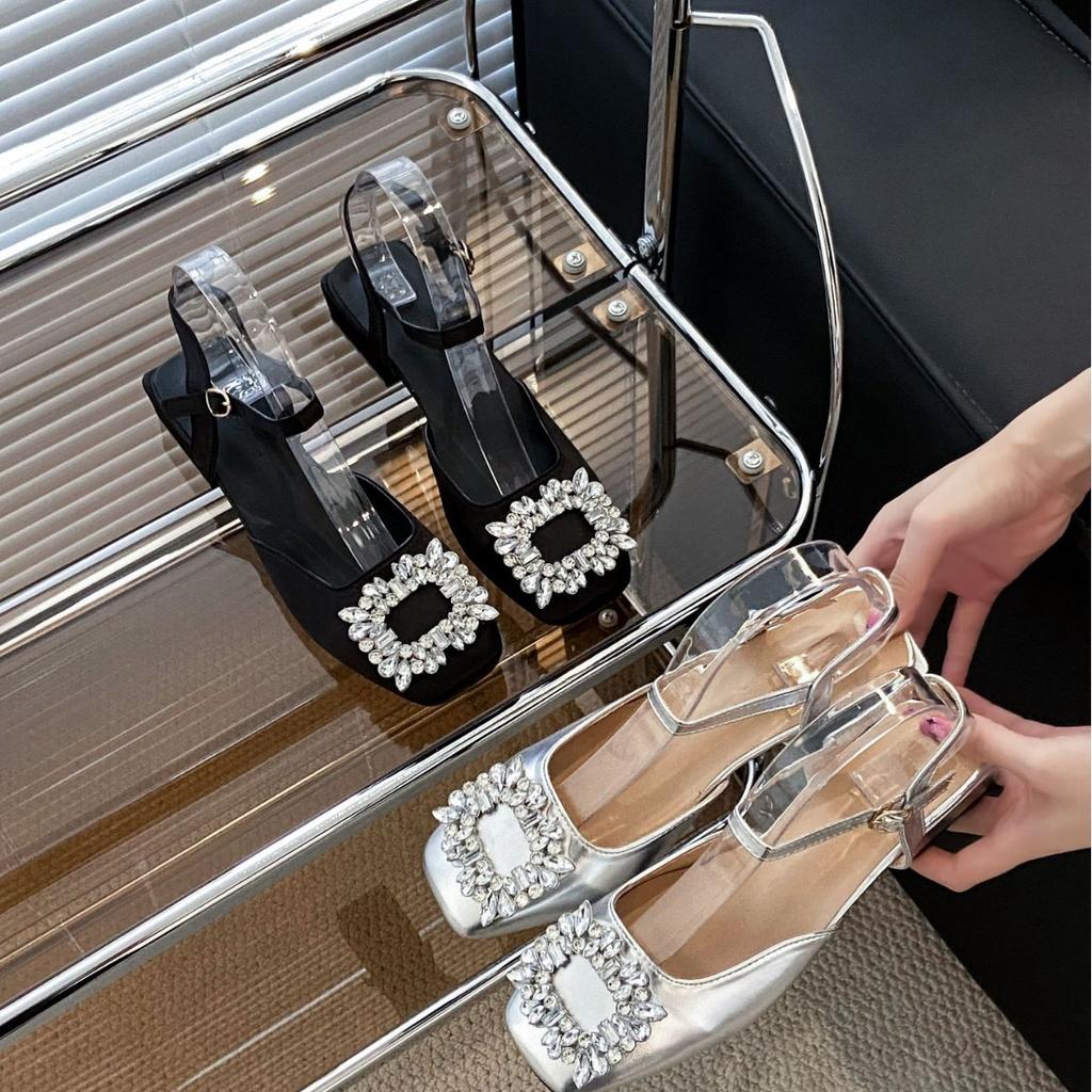 French Retro Temperament Versatile Small Fragrant Mary Jane Shoes Thick Heel Single Shoes Women's Evening Internet Celebrity Rhinestone Bag Head Sa