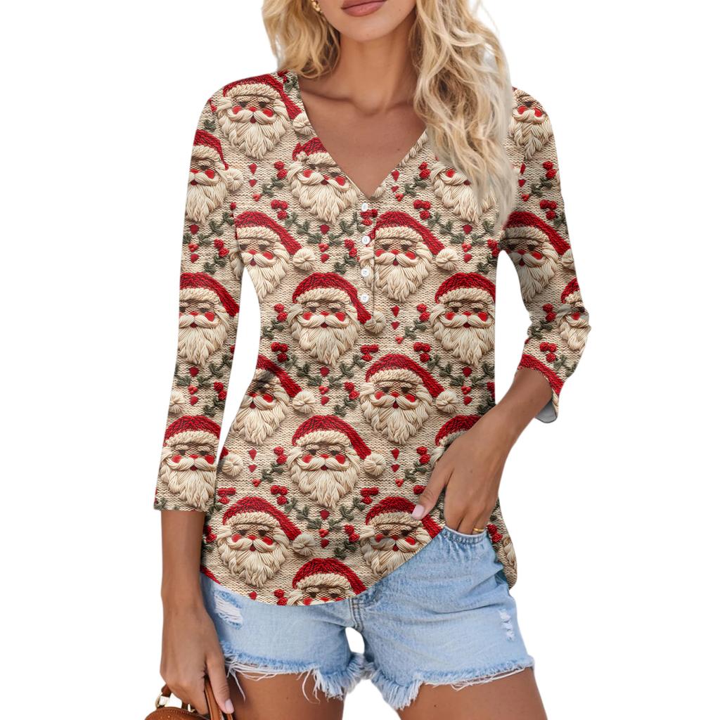 Women's Casual Fashion Sexy Comfortable Christmas Print V-Neck Button Three-quarter Sleeve Top