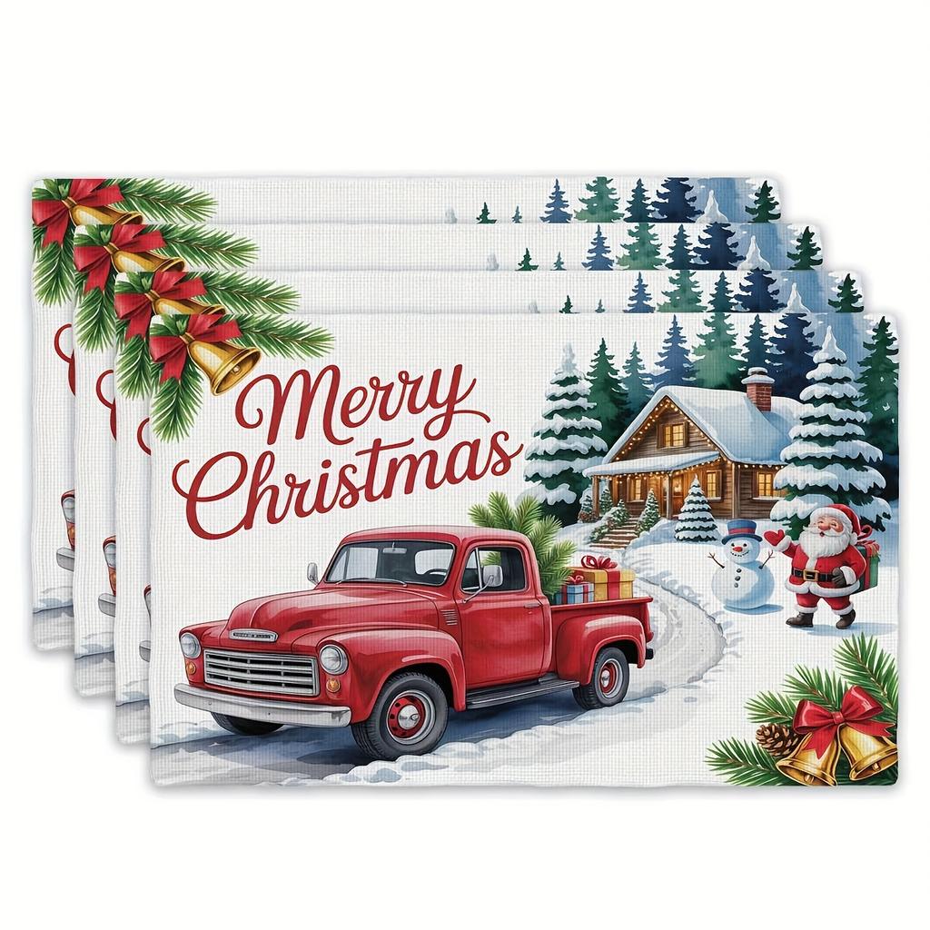 Set of 4 Placemats Featuring a Cozy Christmas Red Truck Snow Scene Design, Measuring 12 Inches by 18 Inches, Suitable for Decorating Dining Tables In