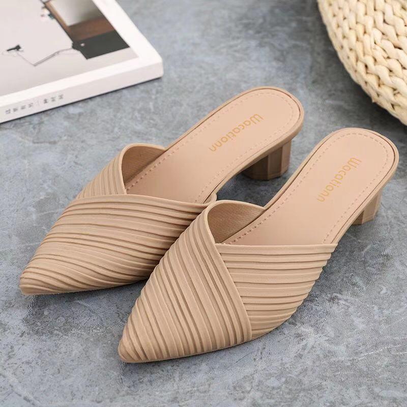 Women's Black Pointed Toe Half-Slippers - Korean Style Outdoor Fashion Thick Heeled Sandals for Summer