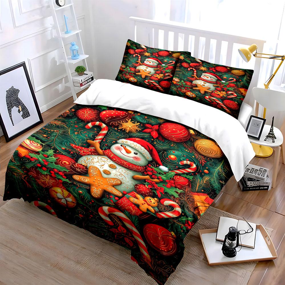 Christmas Snowman and Candy Decor Bedding Duvet Cover Set Duvet Cover Pillowcases (1*Duvet Cover 2*Pillowcases, Without Duvet Insert)
