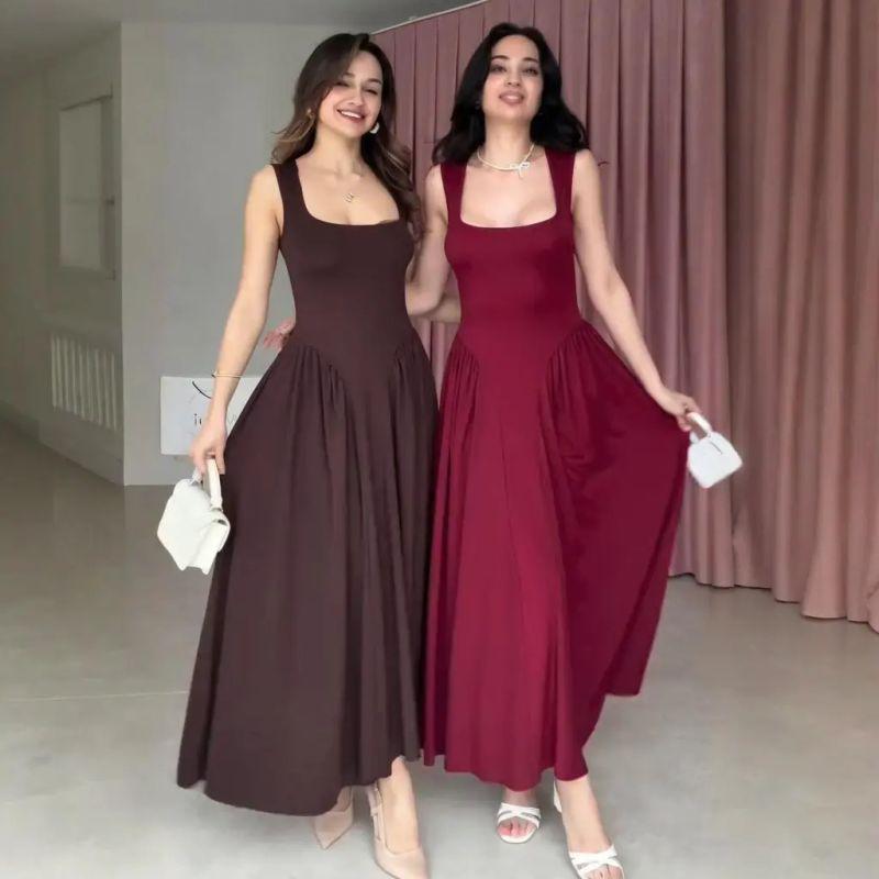 European and American New Women Clothes Square Collar Sexy Sleeve Pleat Temperament Slim Dress Sexy Slim Fit Dress