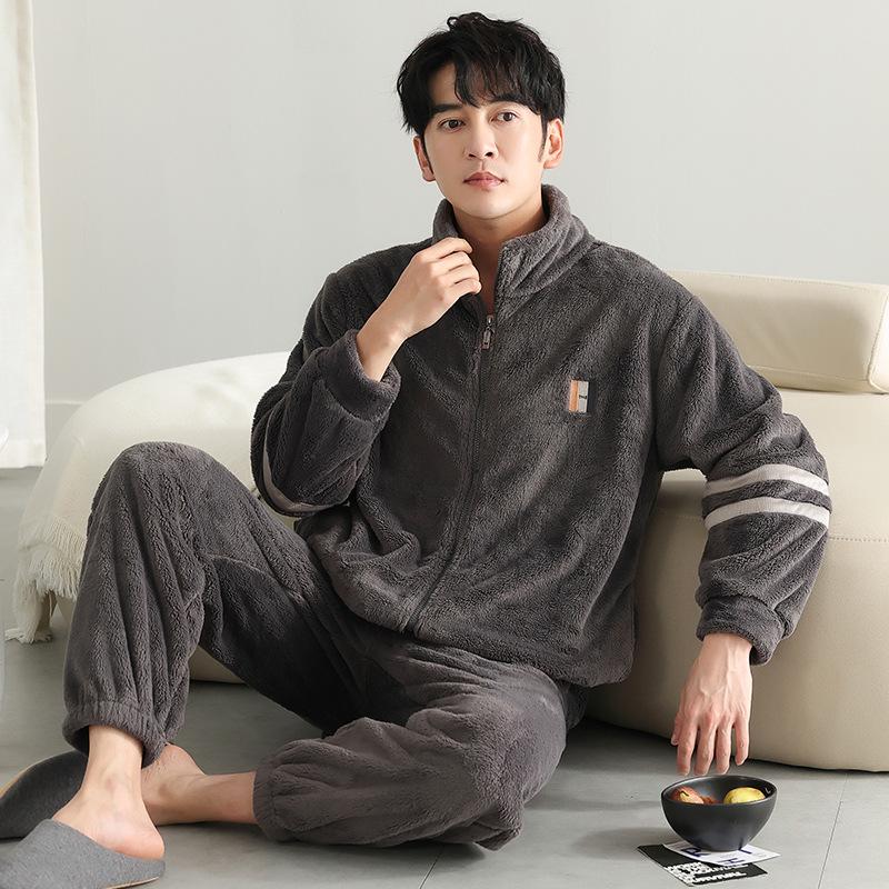 Korallenfleece Pyjama Herren Herbst und Winter Fleece Verdickt Warm Herren Flanell Winter Große Größe Loungewear Set