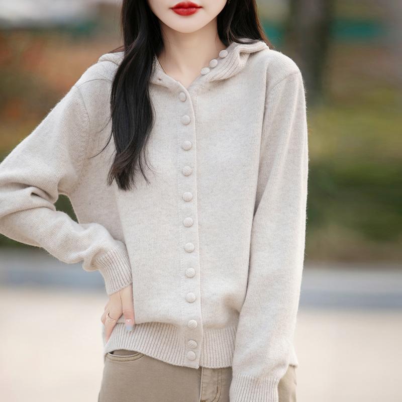 Spring New Hooded Knitted Cardigan with Buttons, Solid Color Loose and Versatile Top Coat